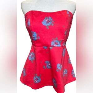 J. Crew Red Blouse with Blue Floral Design bustier/corset peplum top sz 6